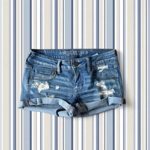 American Eagle Outfitters Distressed Rolled Cuff Denim Shorts - Light Blue